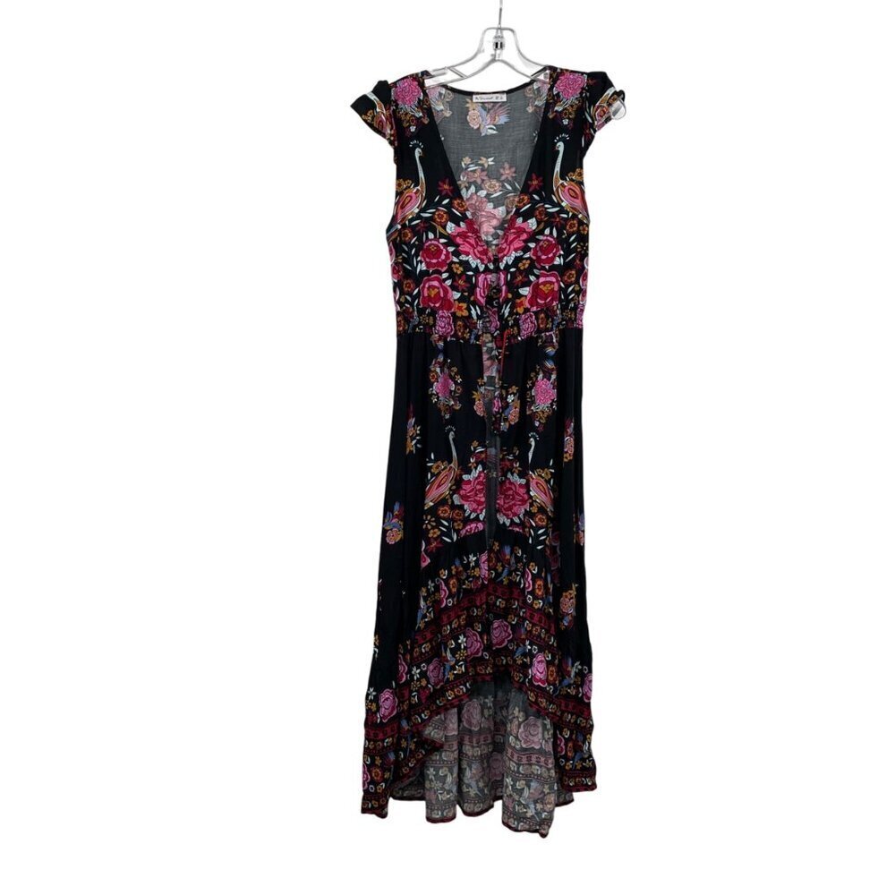 R. Vivimos Womens Hi Low Dress Button Up Cap Sleeve Black/Multi Print Size 4/6